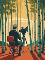 retro style film set black back silhouette of the director sitting in a directors chair and his