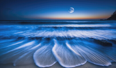 Waves gently crash onto the shore under a full moon