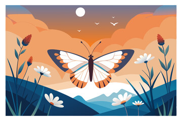 a butterfly and wildflowers, vector illustration flat 2