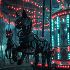 A futuristic carousel with robotic horse figures illuminated by neon lights at night, evoking a cyberpunk atmosphere.