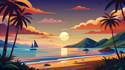 Canvas Print - stunning sunset beach background, vector illustration flat 2