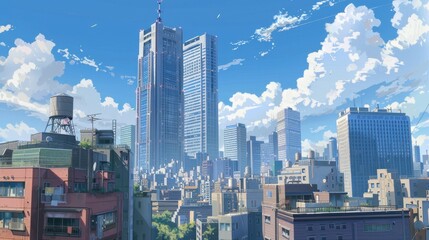 The towering anime skyscraper stands prominently in the city, surrounded by lively buildings under a clear blue sky with fluffy clouds