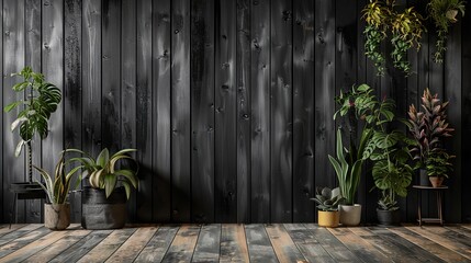 Wall Mural - A studio background with a black matte finish with cedar wood accents