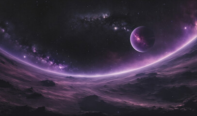 Wall Mural - A purple planet is visible in the distance against a dark purple sky, with stars and a glowing ring of light