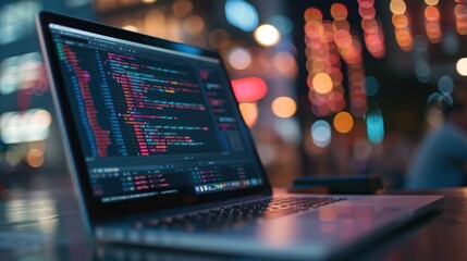 laptop with code on screen in front of bokeh lights
