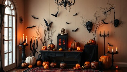 Halloween decorations with pumpkins, candles, and bats in a room.