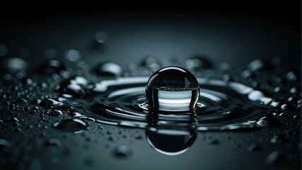 Sticker - A water droplet creates ripples on a dark surface. AI.