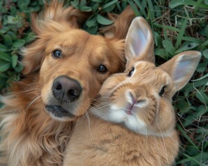 Canvas Print - A dog and a rabbit are snuggled up together. AI.