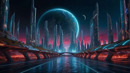 Canvas Print - Futuristic city with glowing lights and a planet in the background. AI.