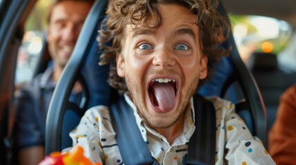 Poster - A man sticks his tongue out while riding in a car. AI.