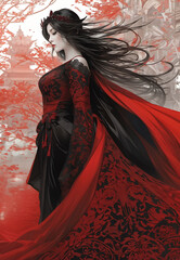 Asian woman in red dramatic