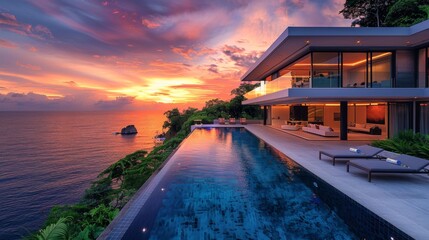 Luxury villa with infinity pool at sunset - generative ai