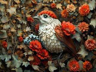 Wall Mural - Red Bird in a Garden of Flowers: A Detailed Digital Art Illustration