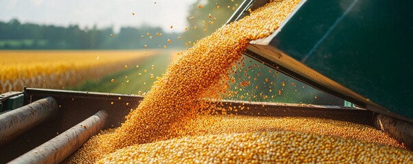 Wall Mural - Combine harvester unloading corn grains into tractor trailer