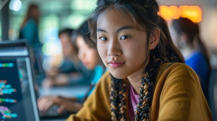 A female student with braided hair focuses on her computer screen, participating in a coding lesson in a bright and modern high school classroom filled with peers