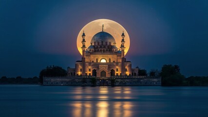 A crescent moon in the night sky above a mosque background image generative ai