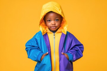 A cheerful child in a vibrant yellow, blue, and purple jacket poses against a lively yellow background, radiating joy and youthful energy in a playful and colorful setting