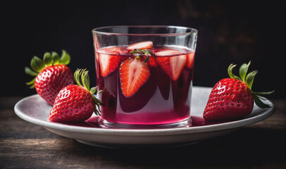 A glass of strawberry-infused water sits on a white plate with fresh strawberries on a wooden table