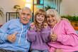 © Andrii Iemelianenko - Happy Caucasian grandparents and granddaughter watching TV shouting, celebrating success, winning, goal achievement good news, victory sitting on sofa in living room. Family clenching fists at home.