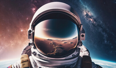 an astronaut's helmet reflects a breathtaking view of earth, with the milky way stretching across th