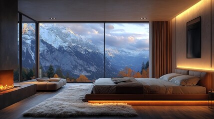 Luxury bedroom with panoramic mountain view - generative ai