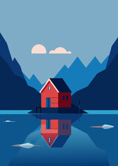 swedish fish house fjord, vector illustration flat 2