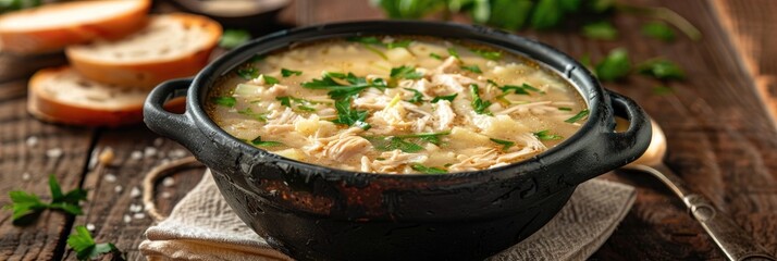 Poster - Cassava Broth with Shredded Chicken Traditional Dish in Dark Pot on Rustic Background with Bread Slices and Spoon Selective Focus