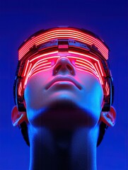 Wall Mural - futuristic portrait featuring a person with illuminated visor, showcasing a vibrant mix of colors an