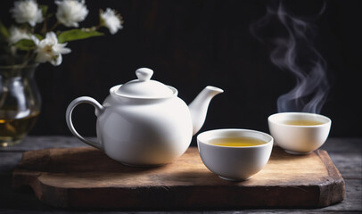 A white teapot and two teacups sit on a wooden board, steaming with freshly brewed tea