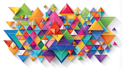 Vibrant abstract composition featuring a spectrum of triangle shapes in varying sizes and orientations, forming a dynamic and harmonious geometric pattern on a white background.