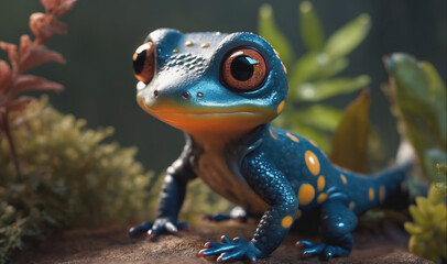 A small, blue salamander with yellow spots perches on a log in a lush green forest