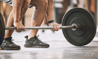 Canvas Print - Training, barbell workout and hands at gym for weight exercise, health or fitness at sports center. Bodybuilder, man and muscle strength for cardio, wellness and power lift or development goals