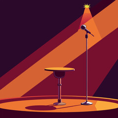 Poster - an empty stage at a night cafe with a standing mic, vector illustration flat 2