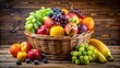 © Man888 - Vibrant arrangement of fresh seasonal fruits including apples, bananas, grapes, and oranges overflowing from a wicker basket on a rustic wooden table.