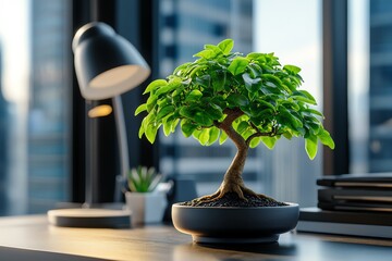 Aufkleber - A lush bonsai tree in a modern office setting, bringing a touch of nature and tranquility to the workspace.