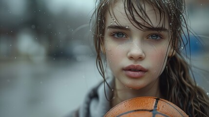 A young girl with a basketball showing a focused and competitive expression on her face, against a soft background, representing a sporty and fit lifestyle