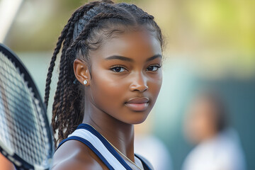 Wall Mural - Female teen athlete playing tennis. She is wearing white and navy blue athletic shorts with her hair in braids