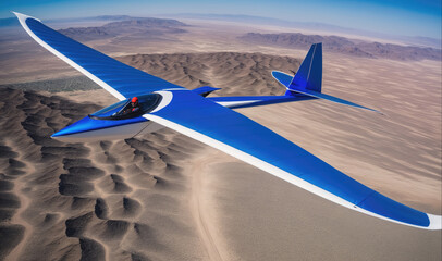 A blue glider flies over sand dunes in a desert landscape