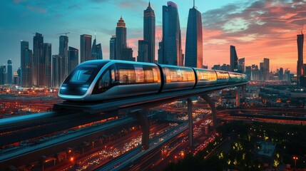 A futuristic monorail system gliding above a modern cityscape, representing advanced public transport