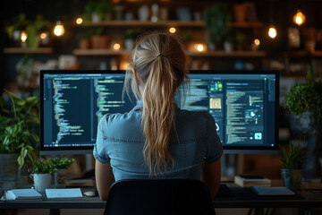 Wall Mural - A female programmer is writing code on her computer, with two monitors and some books in the background