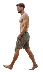 Wall Mural - Isolated handsome young man wearing only a swim shorts, walking, cutout on transparent background, ready for architectural visualisation.	