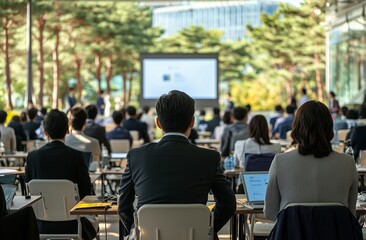 A photograph of an open-air technology conference in Seoul, South Korea, featuring business professionals sitting at desks