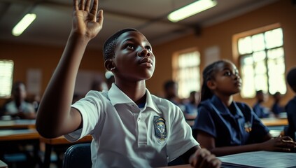 Wall Mural - A South African classroom scene with one student in white and another wearing blue school uniforms sitting at desks. The boy raising his hand to the camera. Production stills.