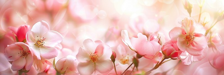 Poster - Tea rose flowers in full bloom displaying delicate pink petals set against a gentle spring backdrop.