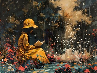 Sticker - Enchanted Forest: A Girl Reading by a Waterfall