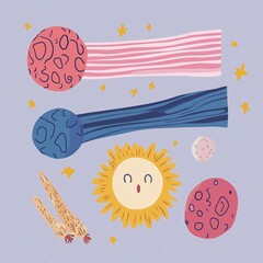 Poster - A Whimsical and Colorful Celestial Illustration of a Sun and Planets