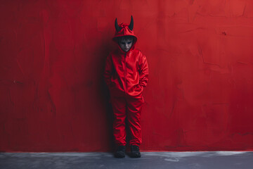 Wall Mural - Boy dressed as Devil looking evil and playful in a red demon costume for a thrilling Halloween night