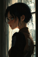 Somber anime girl with dark hair tied up, standing by a rain-soaked window, wearing a military-style jacket, with a melancholic and reflective expression, as soft light filters through the rainy glass