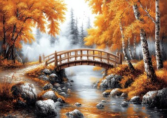 Wall Mural - Serene Autumn Bridge Over Gentle Stream Surrounded by Vibrant Golden Foliage and Birch Trees in Misty Forest Landscape