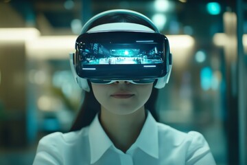 Canvas Print - High Tech Vision in the Urban Jungle: A Woman in a Futuristic Environment with a Sleek VR Headset Surrounded by the Modern Glow of Neon Lights and a Digital Cityscape